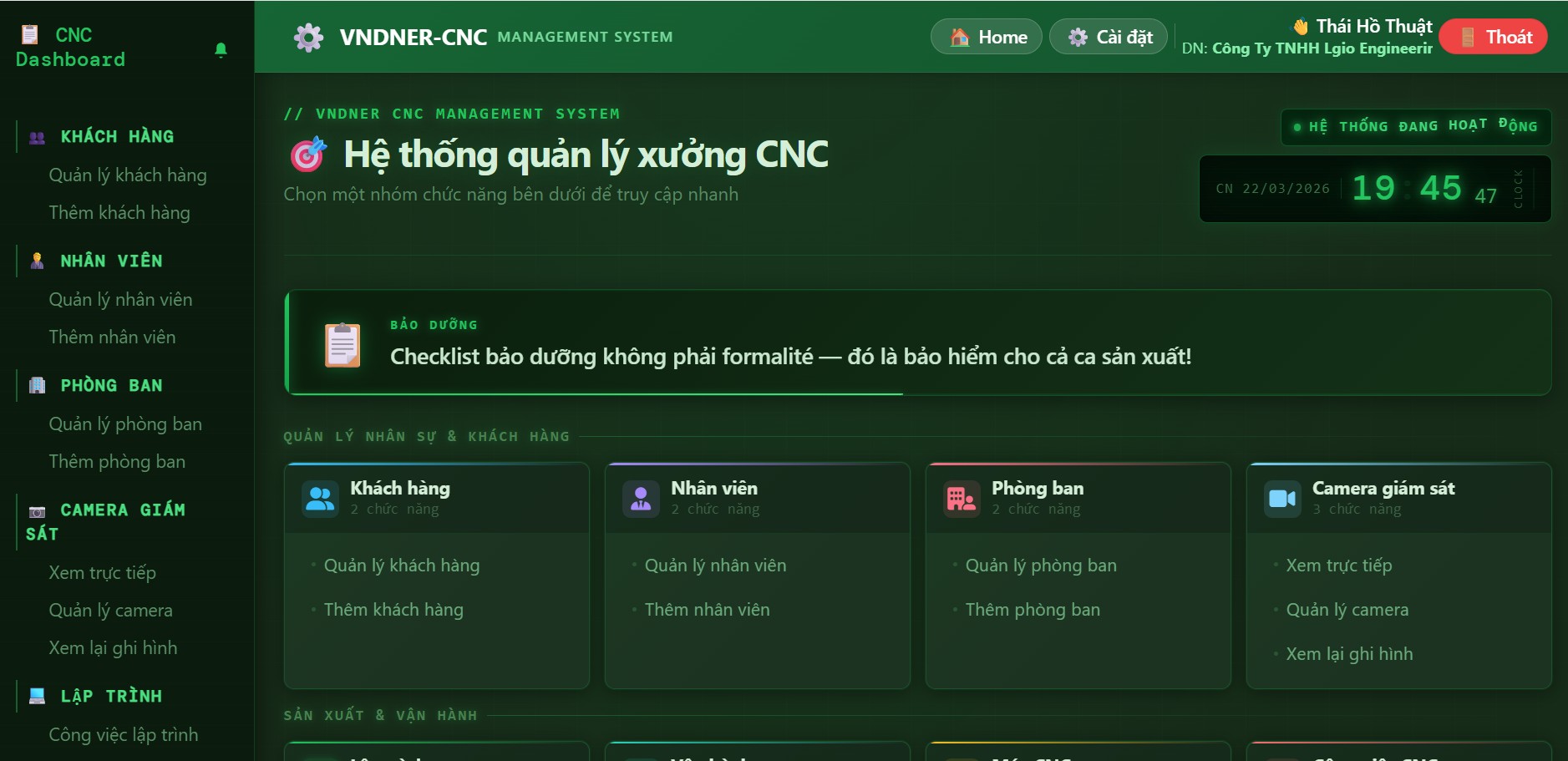 VNDNer CNC Dashboard – Giao diện thực tế hệ thống